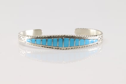 Native America Zuni Sterling Silver Turquoise Inlay Btracelet By Mirenda Penetsa.