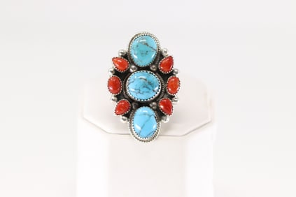 Native America Navajo Sterling Silver Coral & Turquoise Ring By S.