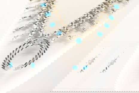 Native America Navajo Sterling Silver Turquoise Squash Blossom Necklace & Earring's Set.: This is a Native America Navajo Sterling Silver Turquoise Squash Blossom Necklace & Earring's Set. Necklace length: 26.00" Total weight: 105.40 Grams.