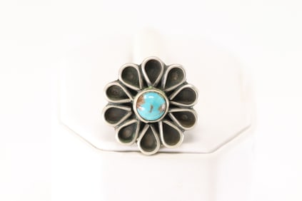 Native America Navajo Sterling Silver Turquoise Flower Ring By Geraldine James.