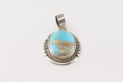 Native America Navajo Sterling Silver Kingman Turquoise Pendant By Freda Martinez.