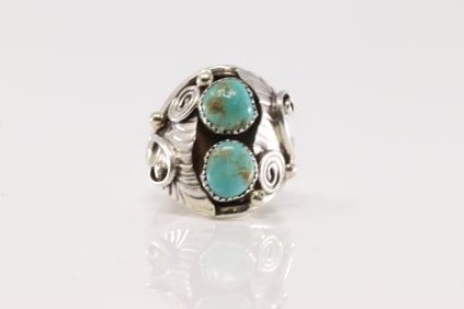 Native American Navajo Sterling Silver Turquoise Ring 2 Stone By B.