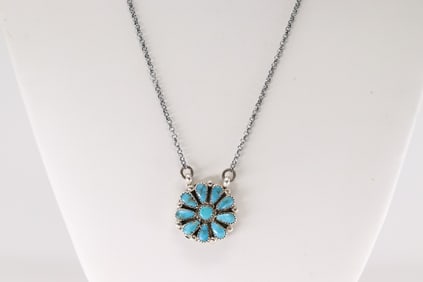 Native America Navajo Sterling Silver Turquoise Necklace By Alicia Wilson.