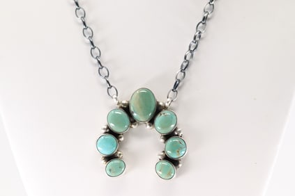 Native America Navajo Sterling Silver Kingman Turquoise Naja Necklace By Augustine Largo.