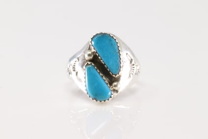 Native America Zuni Sterling Silver Turquoise Ring 2 Stone By M.L.