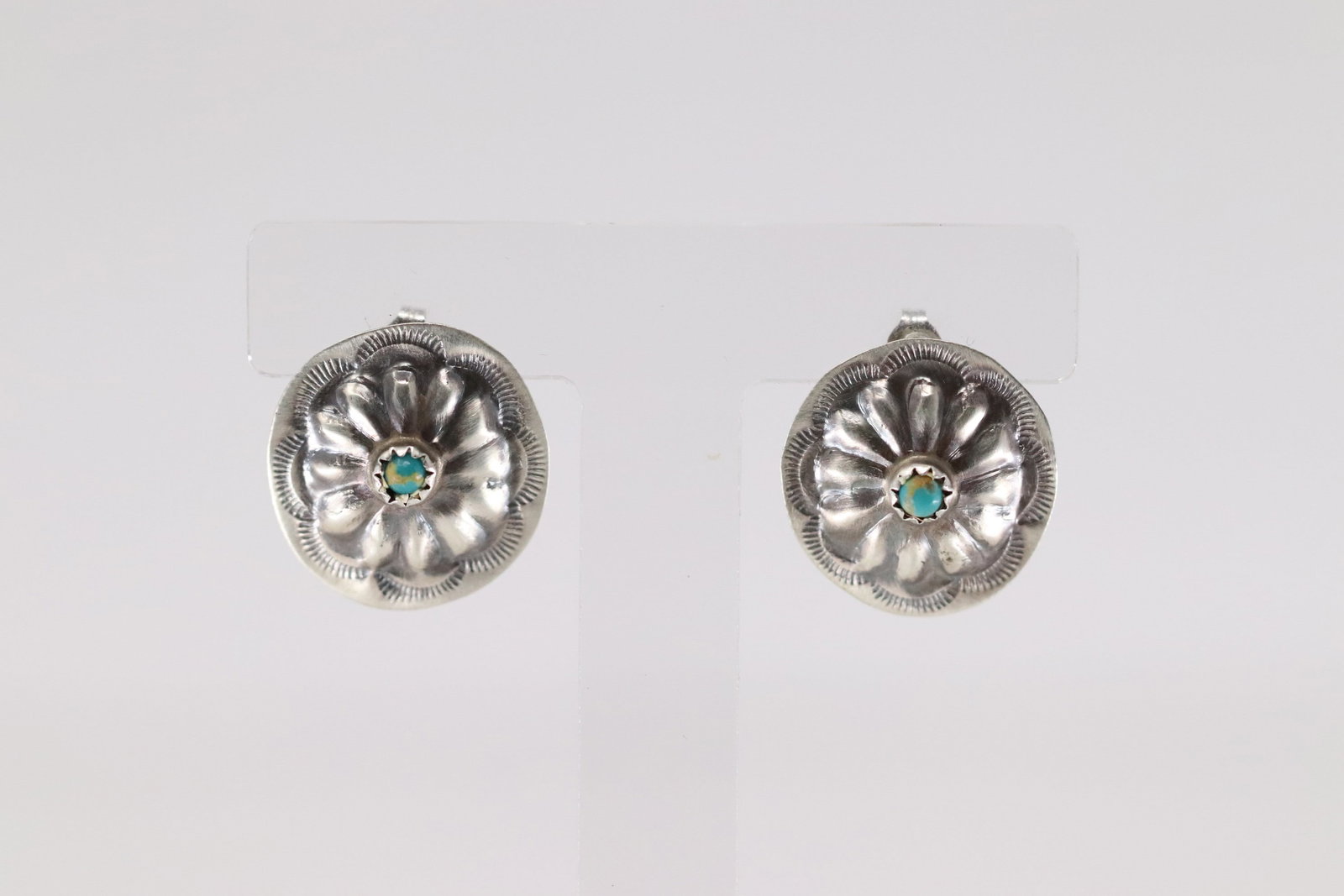 Native America Navajo Sterling Silver Turquoise Conch Post Earring's By Joan Begay.: This is a Native America Navajo Sterling Silver Turquoise Conch Post Earring's By Joan Begay.