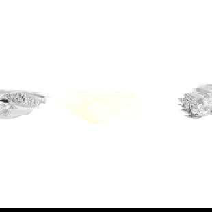 14KT White Gold Diamond Ring: This stunning 14kt white gold diamond ring showcases a brilliant round-cut center stone elegantly framed by two intertwining bands adorned with 16 smaller diamonds. Crafted in sleek white gold, this p