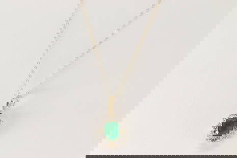 Emerald & Diamond Necklace 14Kt.: Ladies 14Kt Yellow Gold Emerald & Diamond Necklace. This Elegant Necklace has Pendant with A Green Emerald & 28 round Diamonds. Diamonds weight: 0.18ctw. Emerald weight: 1.06ct. Necklace length: 18.00