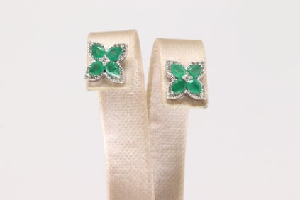 Emerald & Diamond Stud Eariring 10k