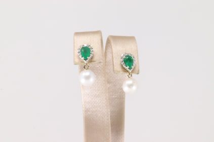 Emerald / Pearl &  Diamond Stud Earring 14Kt.