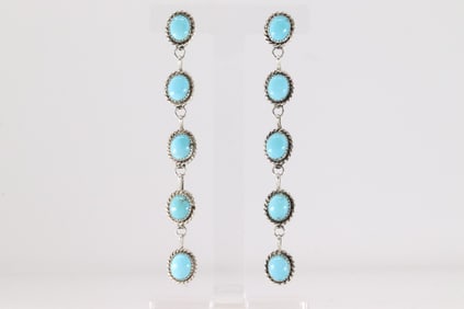 Native America Navajo Sterling Silver Kingman Turquoise Post / Dangling Earring's By Maxine Ramirez.