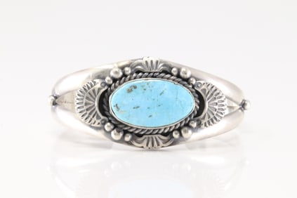 Native America Navajo Sterling Silver Kingman Turquoise Bracelet Cuff By Jimmy Lee.