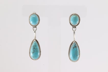Native America Navajo Sterling Silver Kingman Turquoise Post / Dangling Earring's By Theresa Smith.