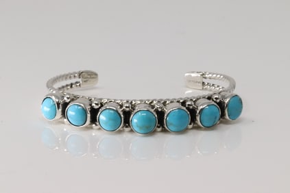 Native America Navajo Sterling Silver Turquoise Bracelet Cuff By Sheena Jack.