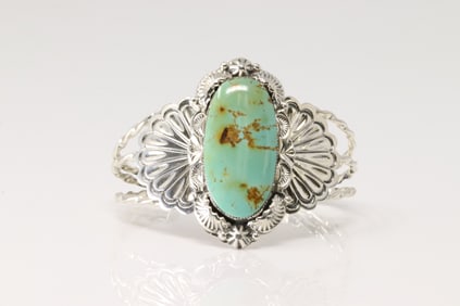 Native America Navajo Sterling Silver Kingman Turquoise Bracelet Cuff By Gilbert Smith.