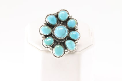 Native America Navajo Sterling Silver Turquoise Ring Flower By S.