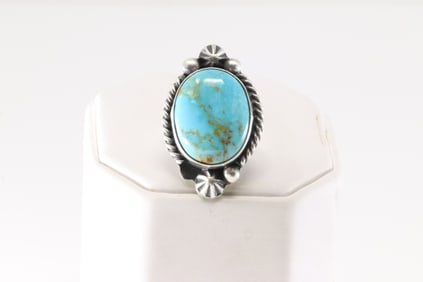 Native America Navajo Sterling Silver Kingman Turquoise Ring By Dixon.