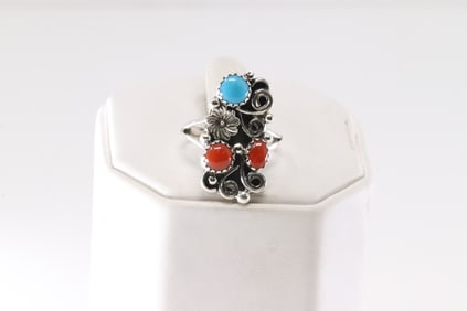Native America Navajo Sterling Silver Coral & Turquoise Floral Ring By Calvin Belin.
