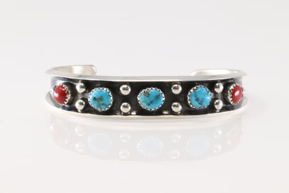 Native America Navajo Sterling Silver Coral & Turquoise Bracelet Cuff By Paul Largo.