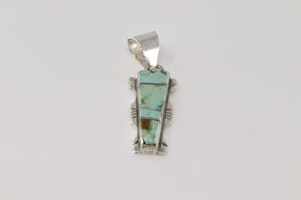 Native America Navajo Sterling Silver Turquoise Inlay Pendant By S.F.