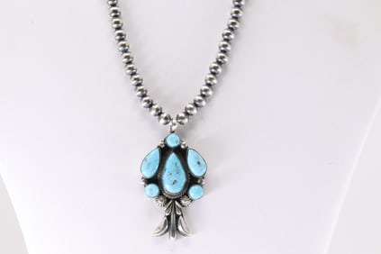 Native America Navajo Sterling Silver Kingman Turquiose Necklace By Boddy Platero.Necklace Length.