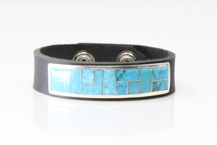 Native America Navajo Sterling Silver Turquoise Inlay Leather Bracelet By Edison Yazzie.