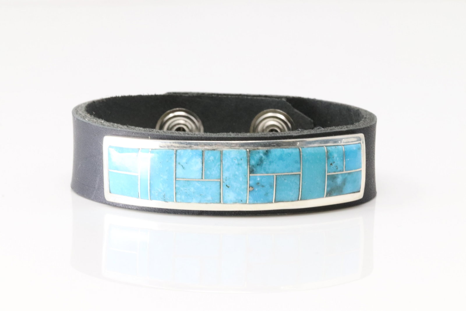 Native America Navajo Sterling Silver Turquoise Inlay Leather Bracelet By Edison Yazzie.: This is a Native America Navajo Sterling Silver Turquoise Inlay Leather Bracelet By Edison Yazzie. Bracelet length: 9.00.