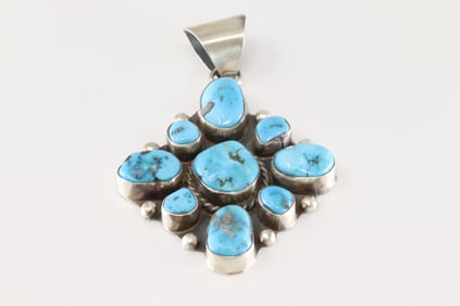 Native America Navajo Sterling Silver Kingman Turquoise Pendant By W.D