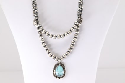 Native America Navajo Sterling Silver Double Strand Pearl Beaded Turqoise Necklace By Lucinda Sardo.