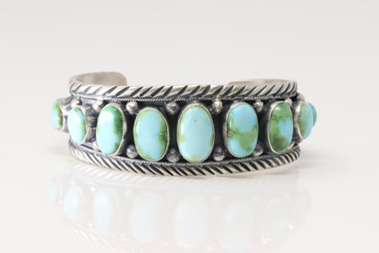 Native America Navajo Sterling Silver Sonora Gold Turquoise Barcelet Cuff By Bobby Johnson.