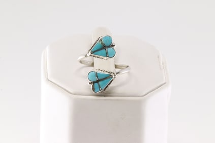 Native America Zuni Sterling Silver Turquoise Inlay Heart Ring By RVN.