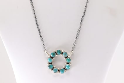 Native America Navajo Sterling Silver Kingman Turquoise Necklace By Maxine Ramirez.