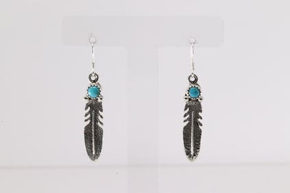 Native America Navajo Sterling Silver Turquoise Feather Dangling Earring's By Sharon McCarthy.