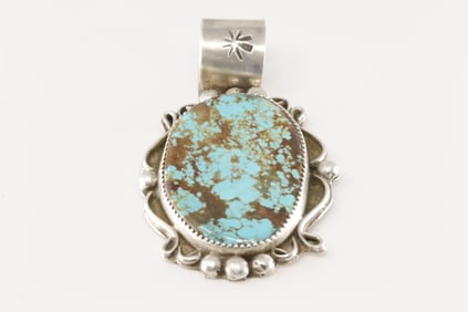 Native America Navajo Sterling Silver Number 8 Turquoise Pendant By Virginiia Hinio.