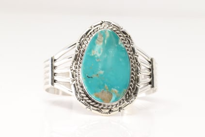 Native America Navajo Sterling Silver Kingman Turquoise Bracelet Cuff By S.E.