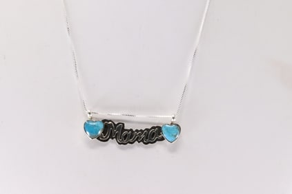 Native America Navajo Sterling Silver Turquoise Heart Script Mama Necklace By Myra Benally.
