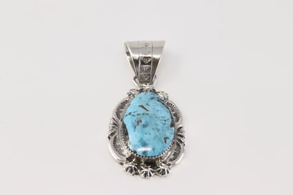Native America Navajo Sterling Silver Turquoise Pendant By Leroy Silversmith.