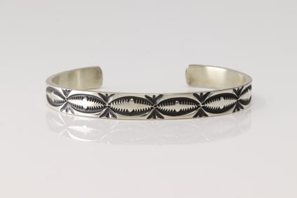 Native America Navajo Sterling Silver Solid Stamped Bracelet Cuff By Jerrold Tahe.
