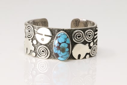 Native American Navajo Sterling Silver Kingman Turquoise Petroglyph Bracelet Cuff By Alex Sanchez.