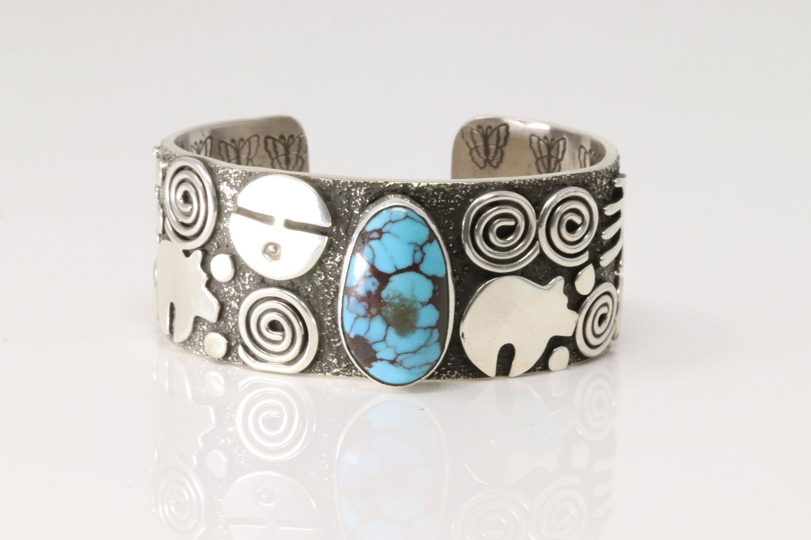 Native American Navajo Sterling Silver Kingman Turquoise Petroglyph Bracelet Cuff By Alex Sanchez. (1 of 4)