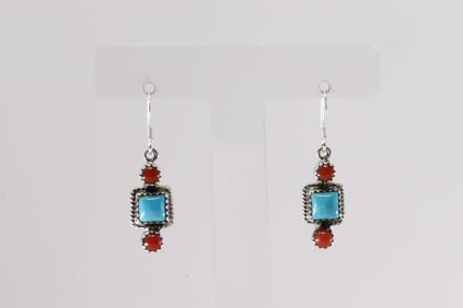 Native American Navajo Sterling Silver Coral & Turquoise Dangling Earring's By Gary Shorty.