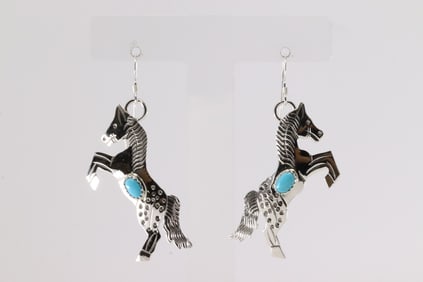 Native America Navajo Sterling Silver Turquoise Horse Dangling Earring's By Louise Yazzie.