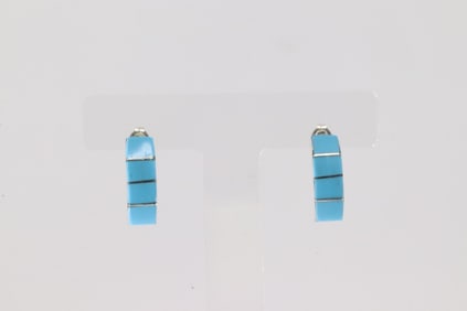 Native America Zuni Sterling Silver Turquoise Inlay Hoop Earring's By Gilbert Kanesta.