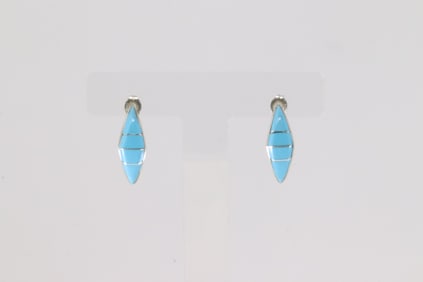 Native America Zuni Sterling Silver Turquoise Inlay Hoop Earring's By Robert Kanesta.