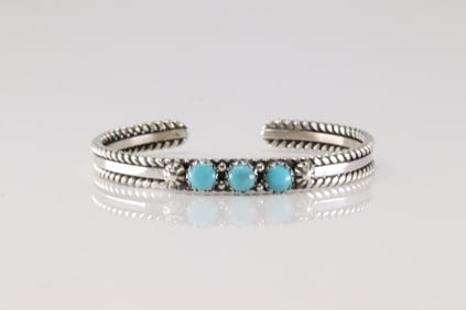 Native America Navajo Sterling Silver Turquoise Bracelet 3 Stone By R.King.