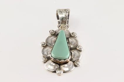 Native America Navajo Sterling Silver Turquoise Pendant By Gilbert Tom.
