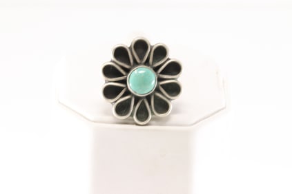 Native America Navajo Sterling Silver Turquoise Flower Ring By Geraldine James.