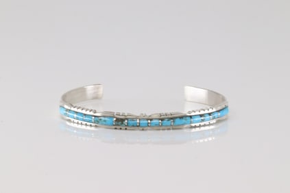 Native America Zuni Sterling Silver Turquoise Inlay Barcelet Cuff By Sheldo Lalio.