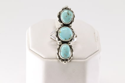Native America Navajo Sterling Silver Turquoise Ring 3 Stone By S.