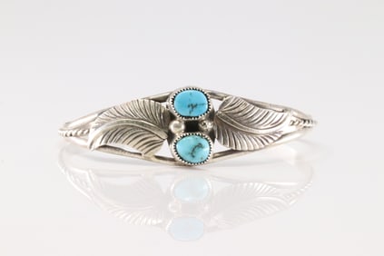 Native America Navajo Sterling Silver Turquoise Bracelet Cuff By Andrey Yazzie.